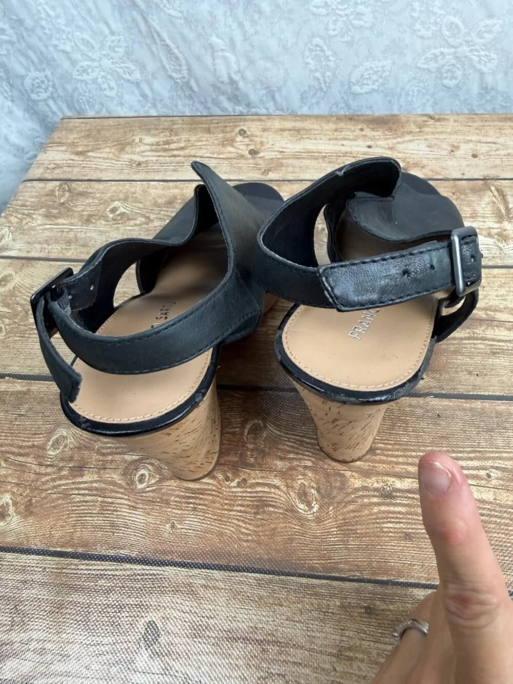 Franco Sarto Women’s Black Leather Peep Toe Cork Wedge Sandals Ankle Strap 10